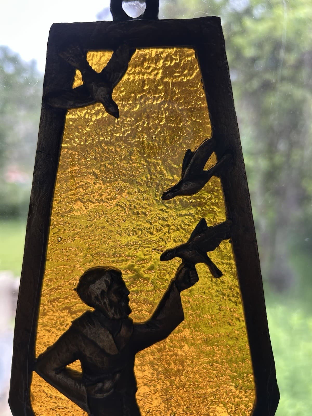 Vtg Wall Window Decor Sun Catcher Religious St Francis Birds Deer Brass Glass 6