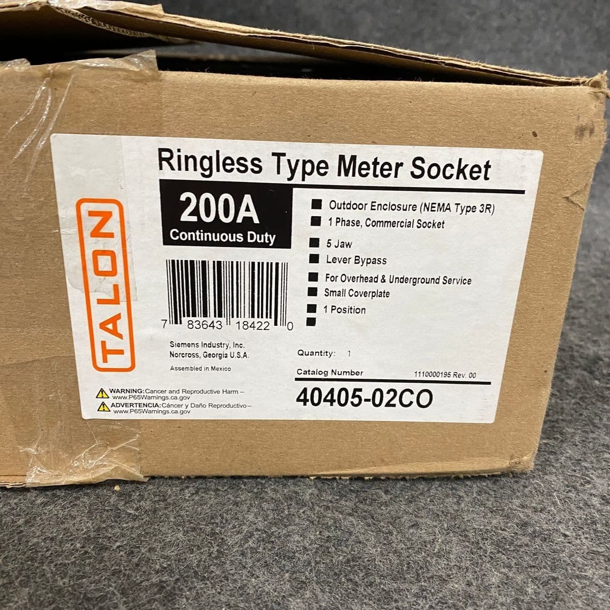 TALON 40405-02CO 200 Amp Ringless Meter Socket, 1 Phase, 5 Jaw * 6