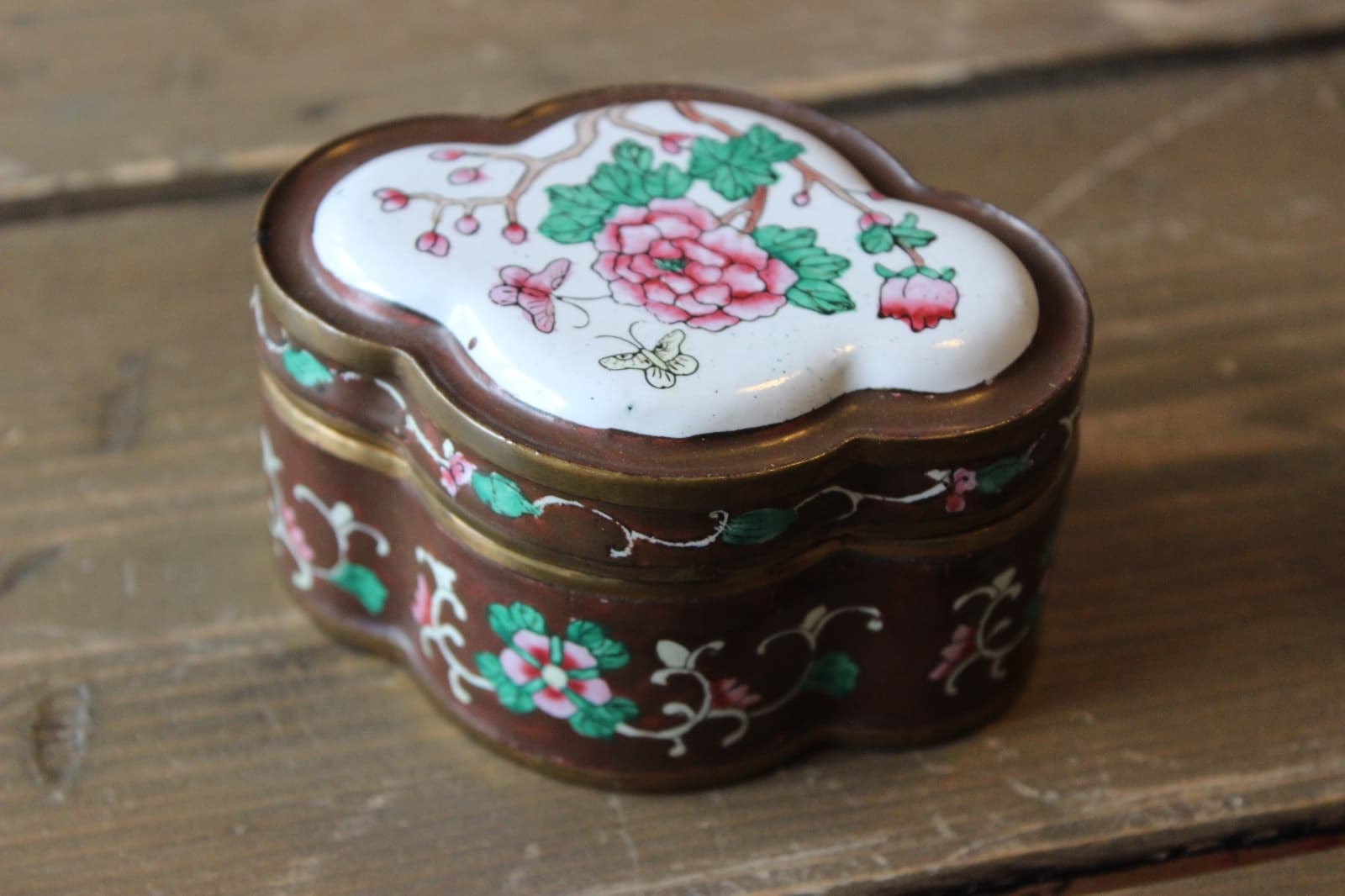 Antique Brass Enamel Flower Trinket Jar 3.75 x 2.75 x 2 inches