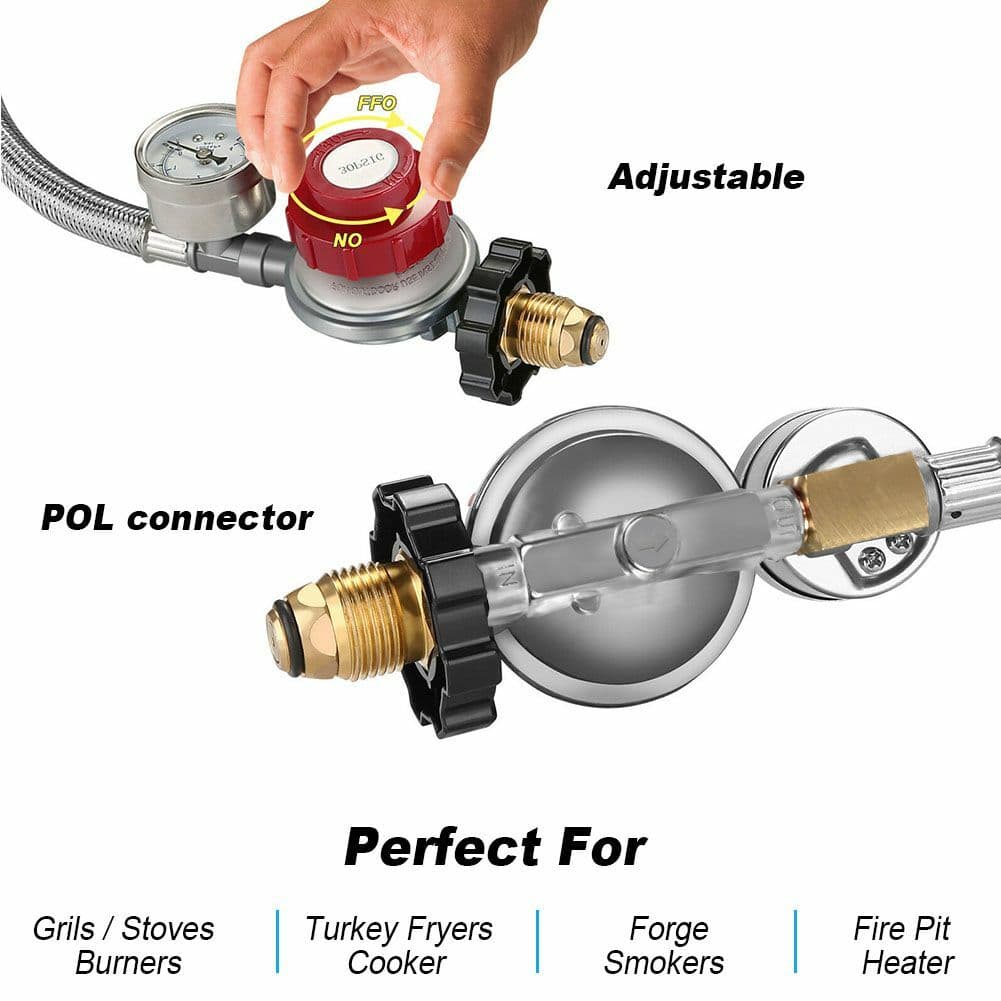 12FT Propane Gas Regulator Braided Hose Indicator 1/8 MNPT 0-30PSI High Pressure 3