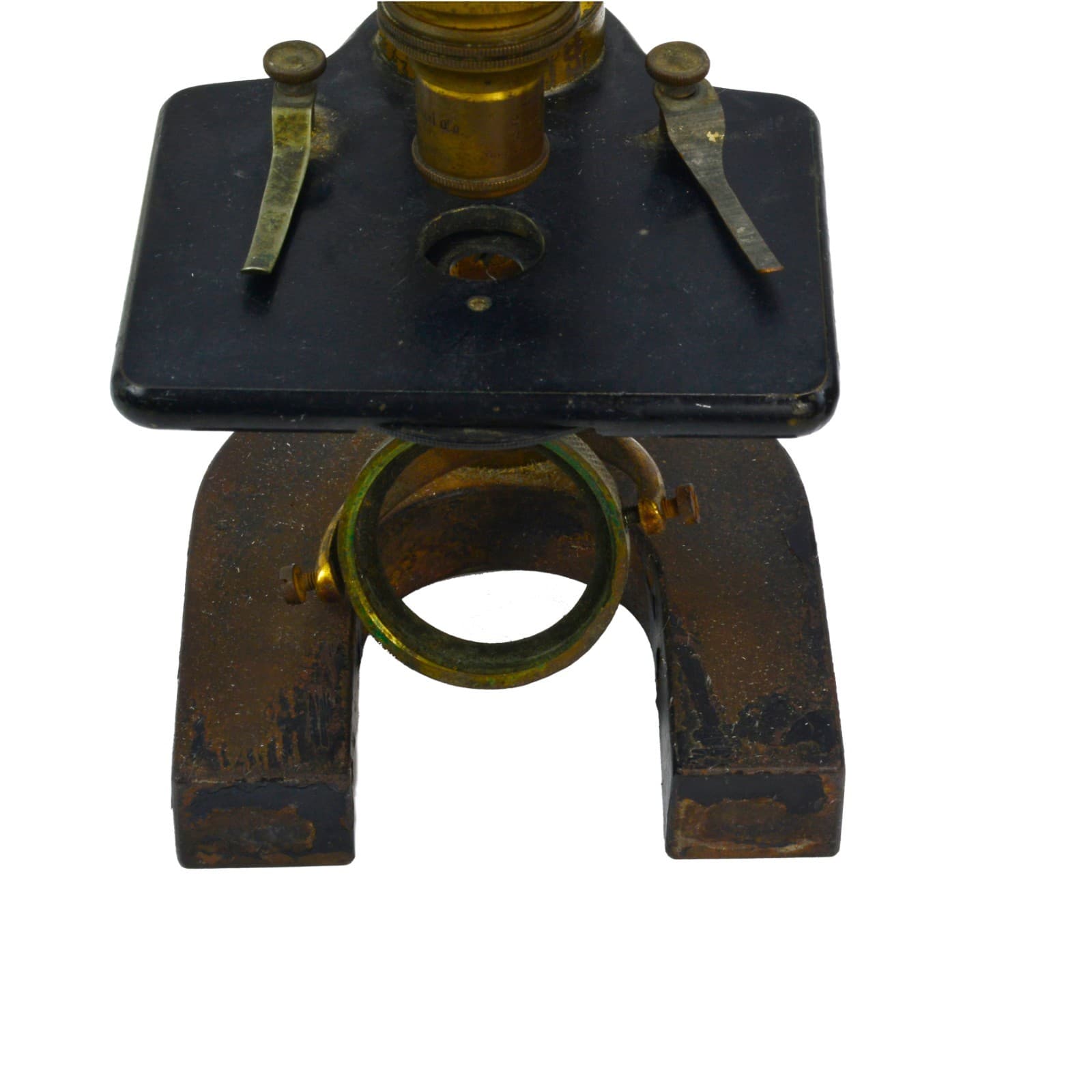 Small antique brass microscope single lens, cast iron base 4