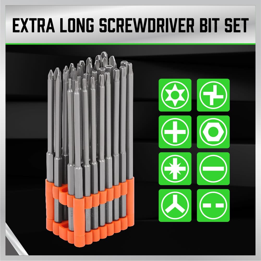 32pc Extra Long Security Bit Set Tamper Proof Torx Star 6 In 1/4" Shank w Holder 2