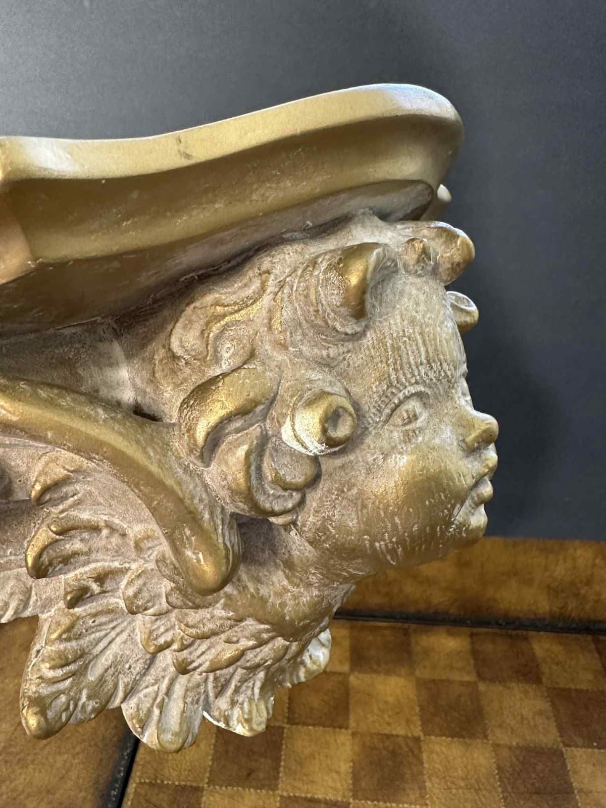 Pair of Gold Resin Cherub Wall Shelves Putti Angel Face Console Brackets 10.5" 4