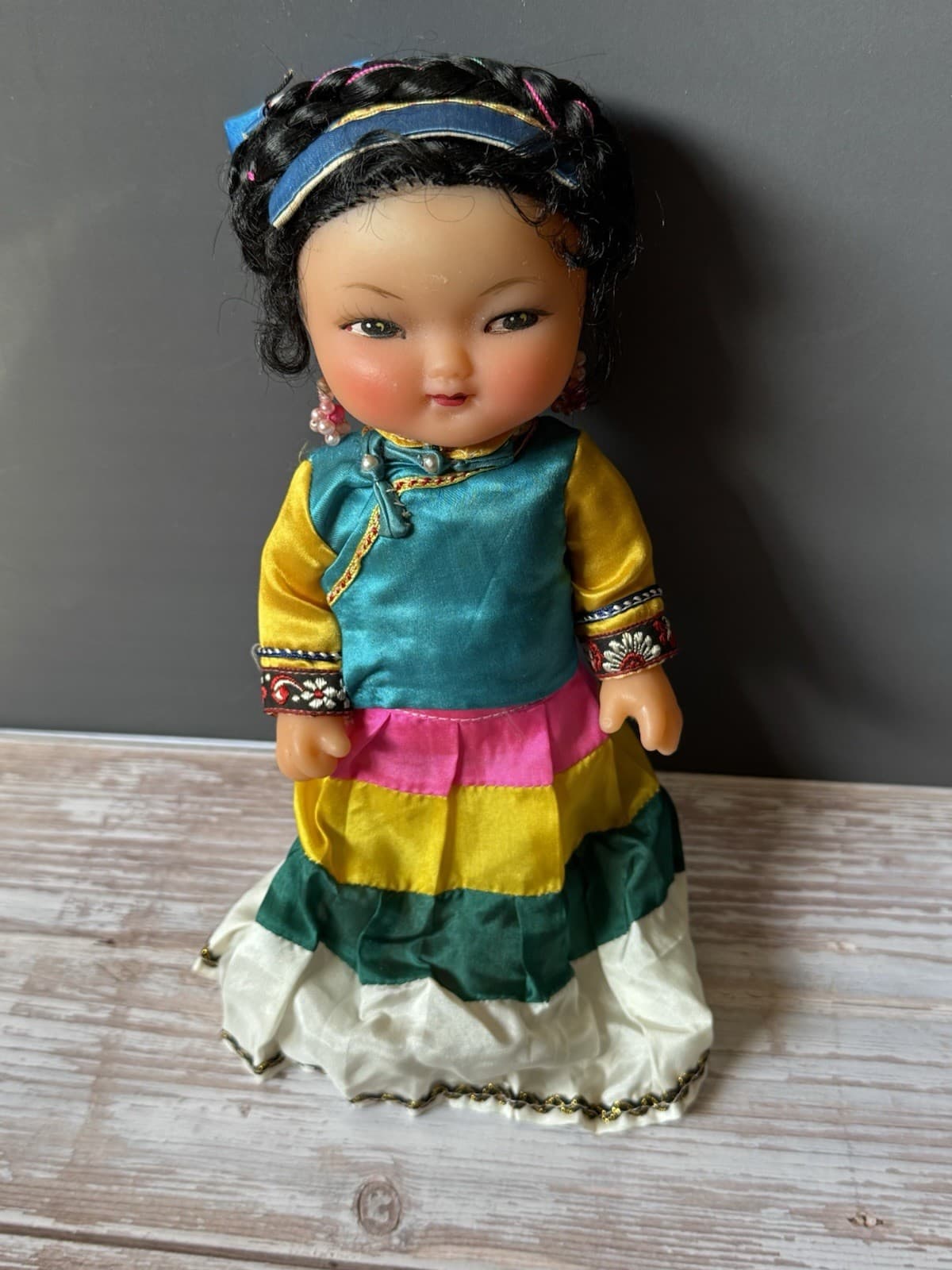 Vintage Chinese Folk Doll Rubber Face & Hands 8" Kimono