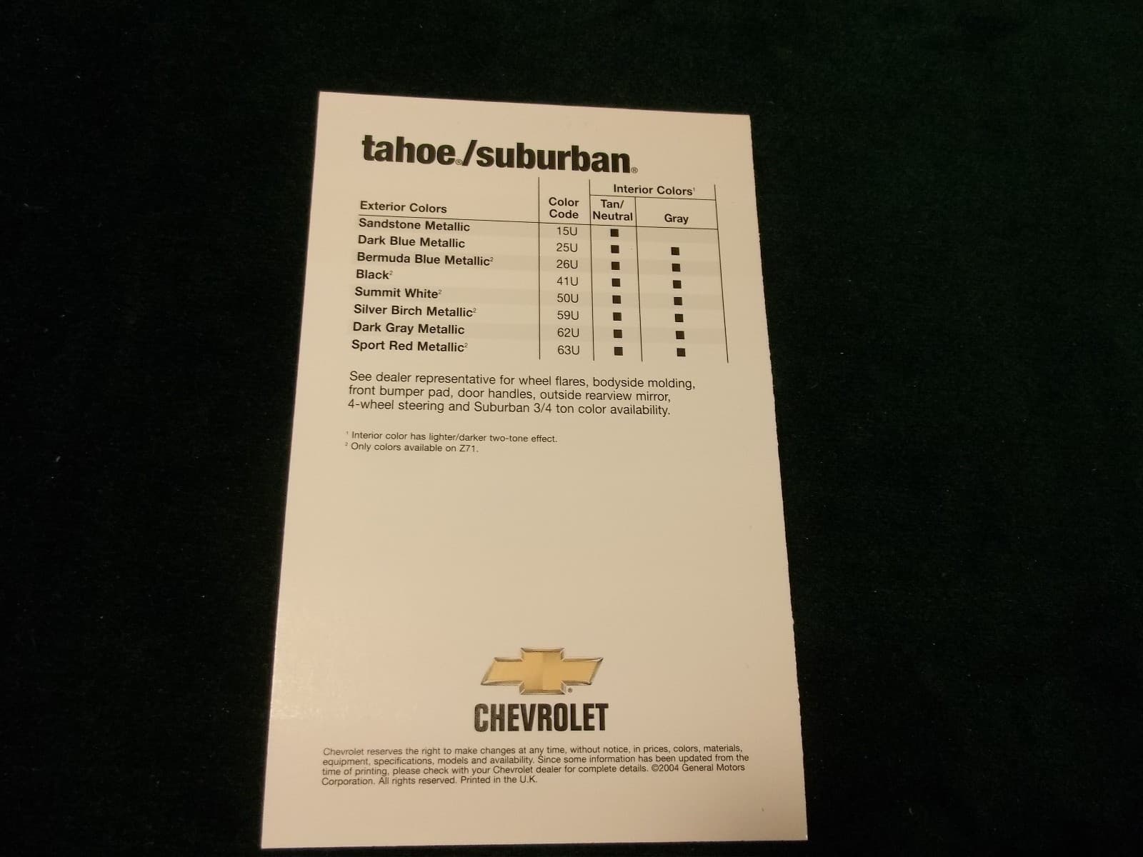 MINT 2005 CHEVROLET EXTERIOR PAINT COLORS TAHOE / SUBURBAN NEW (BOX 712) 3
