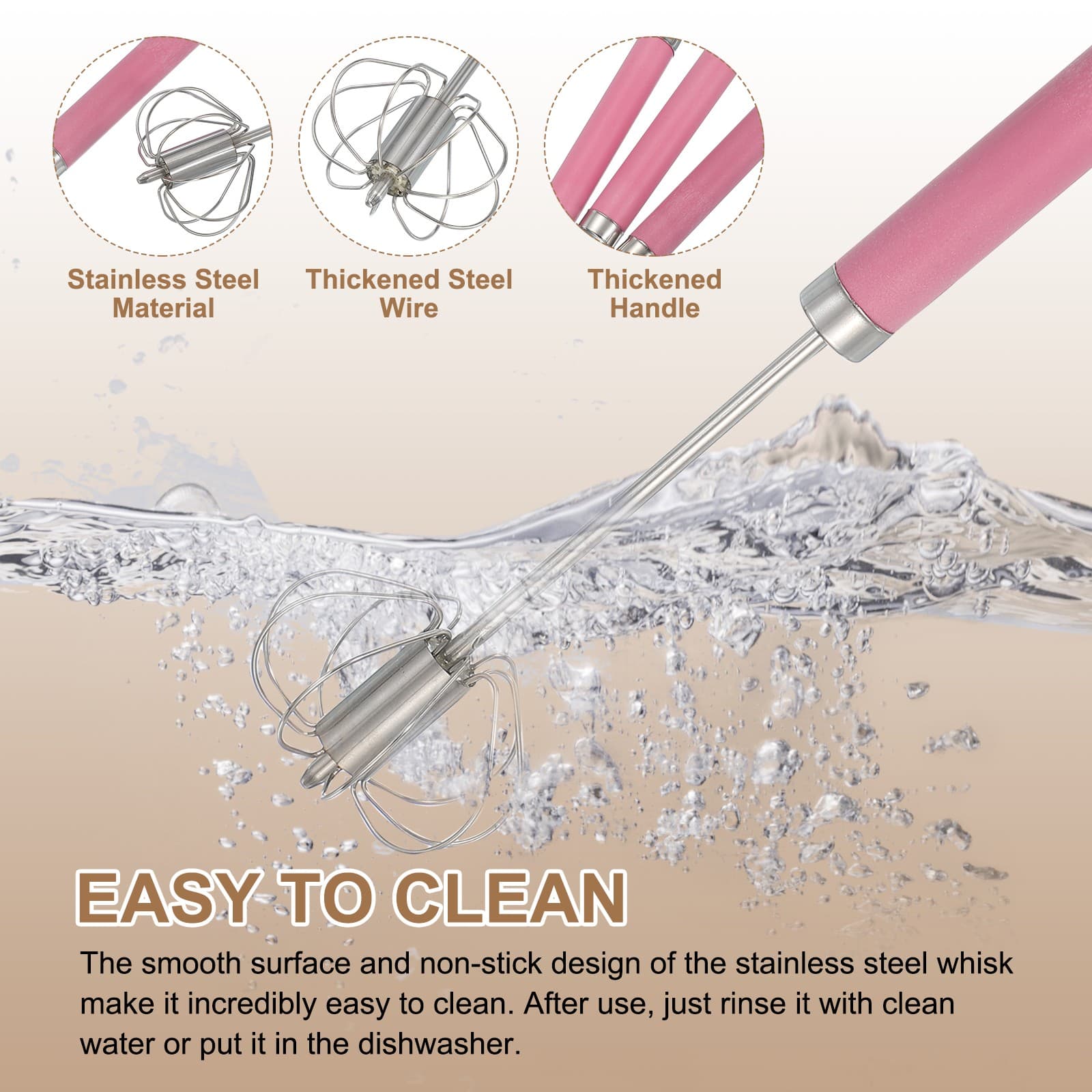 Stainless Steel Whisk, 13.6 Inch Semi-Automatic Whisking Tool, Pink 3