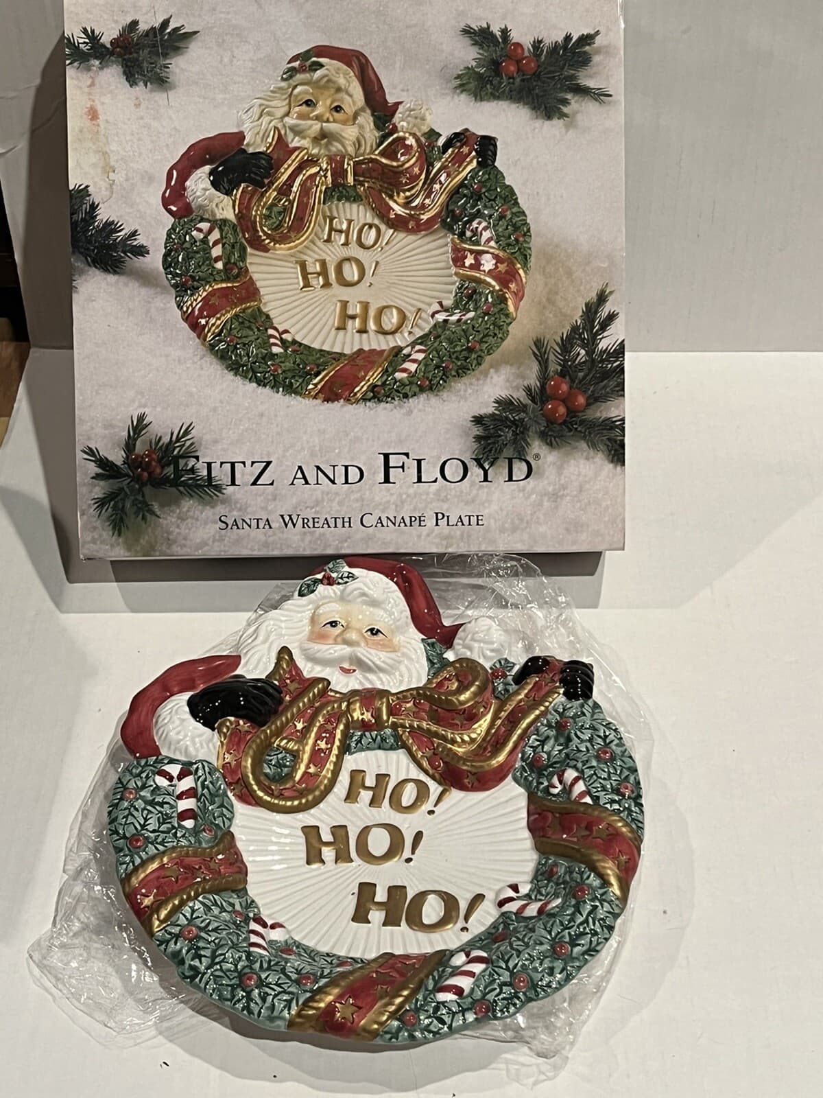 VTG Santa Canapé Plate Wreath Ho Ho Ho  8.25x9.75 ORIGINAL box Fitz And Floyd 2