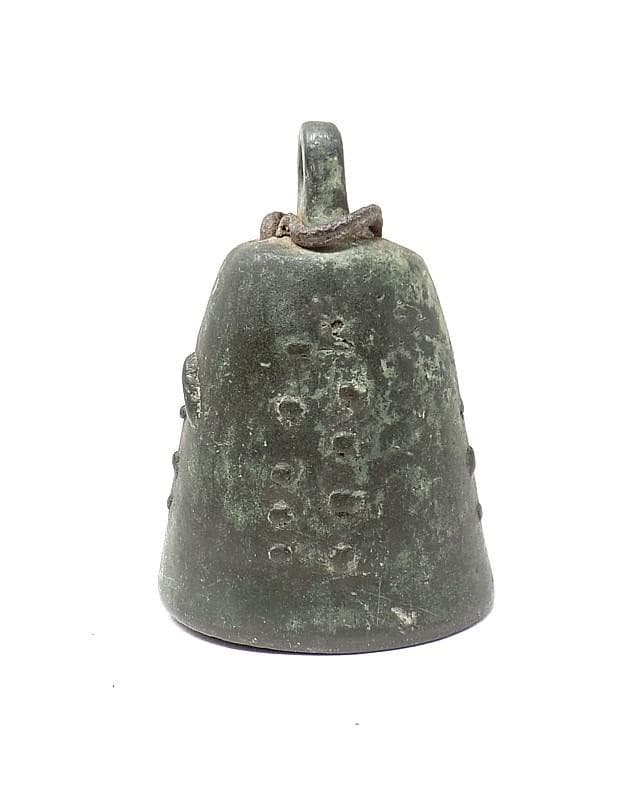 EARLY SMALL CHINESE BRONZE TEMPLE BELL - 3 1/2"TALL, 2 9/16" WIDE - DARK PATINA 3