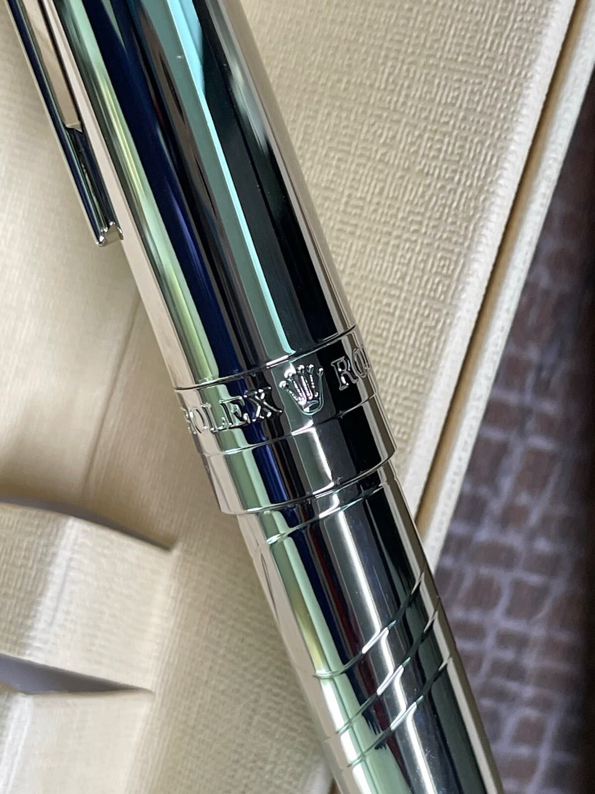 Authentic Rolex Ballpoint Pen Rare Silver Platinum Finish WAVE PATTERN In Box 3