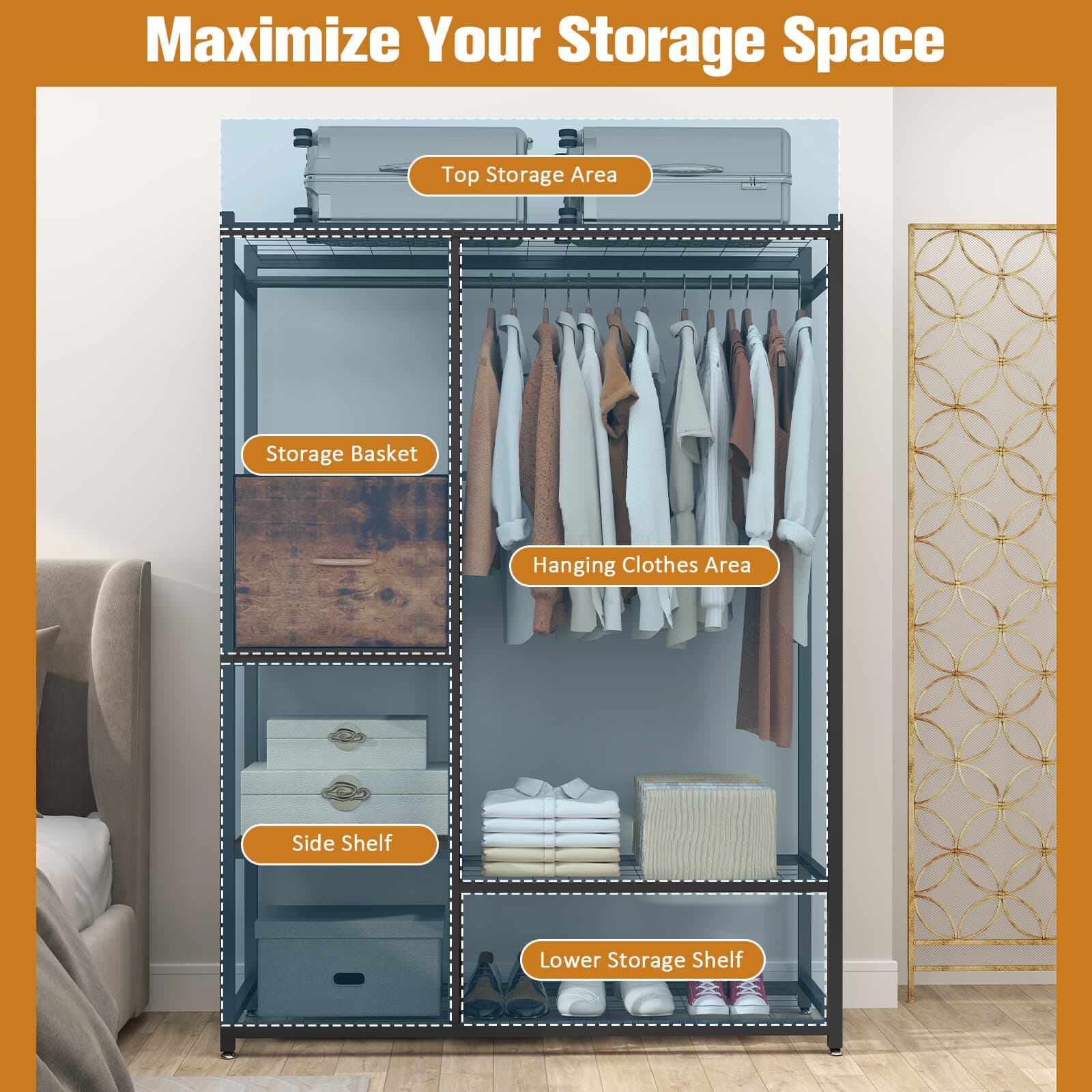 550LBS Iron Garment Rack w/ Hanging Rod Drawer Clothing Shelves Closet Organizer 4