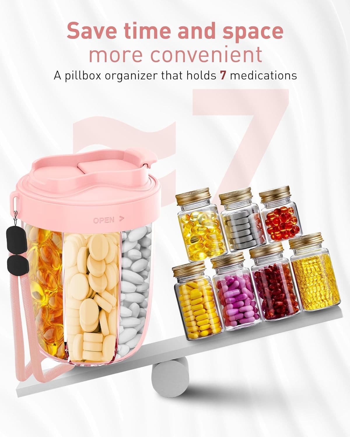 Large Pill Organizer,Supplement Organizer for 7 Different Vitamins,Pill Pink  4