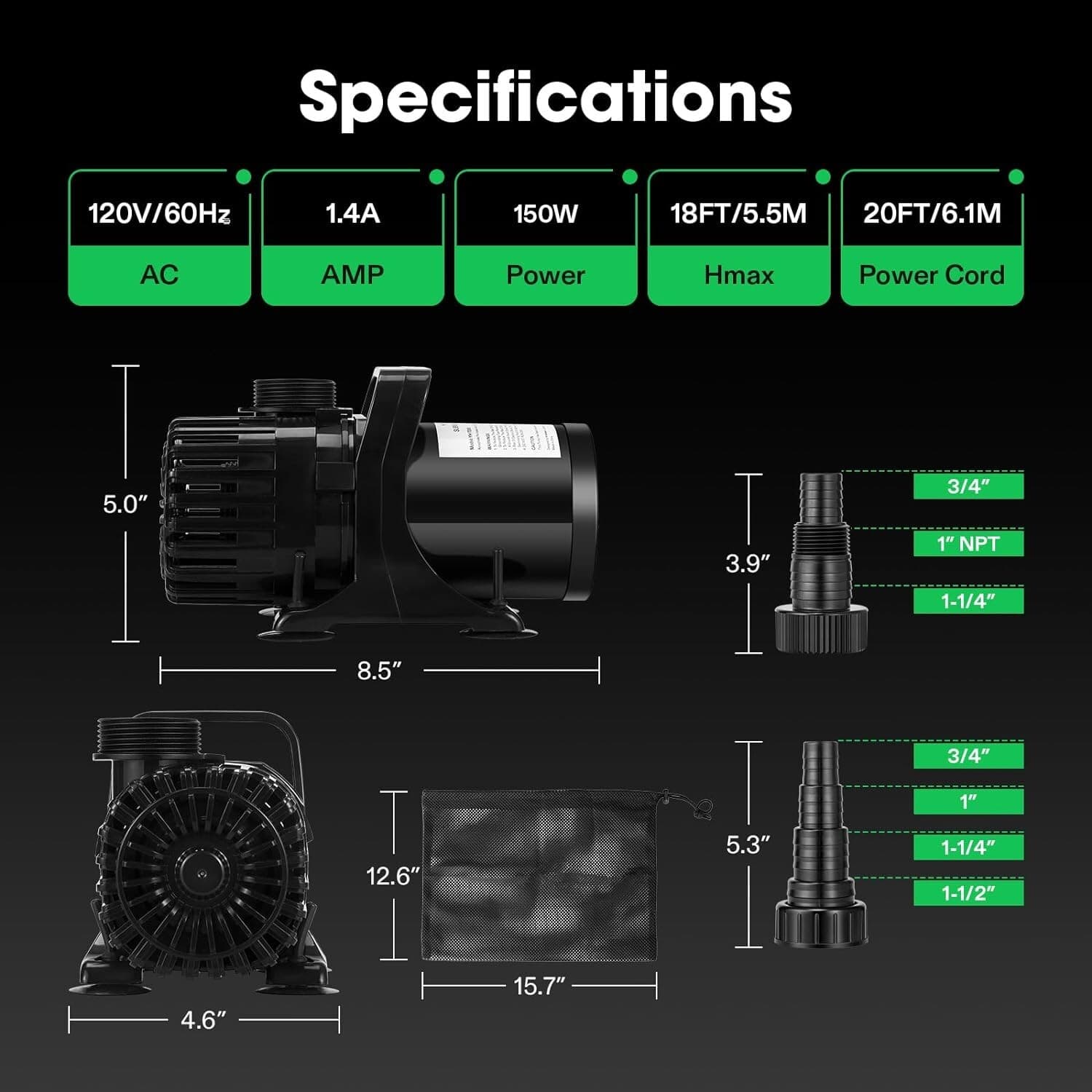 VIVOSUN 3000 GPH Submersible Water Pump, 150W Pond Pump 18FT Lift Height 6