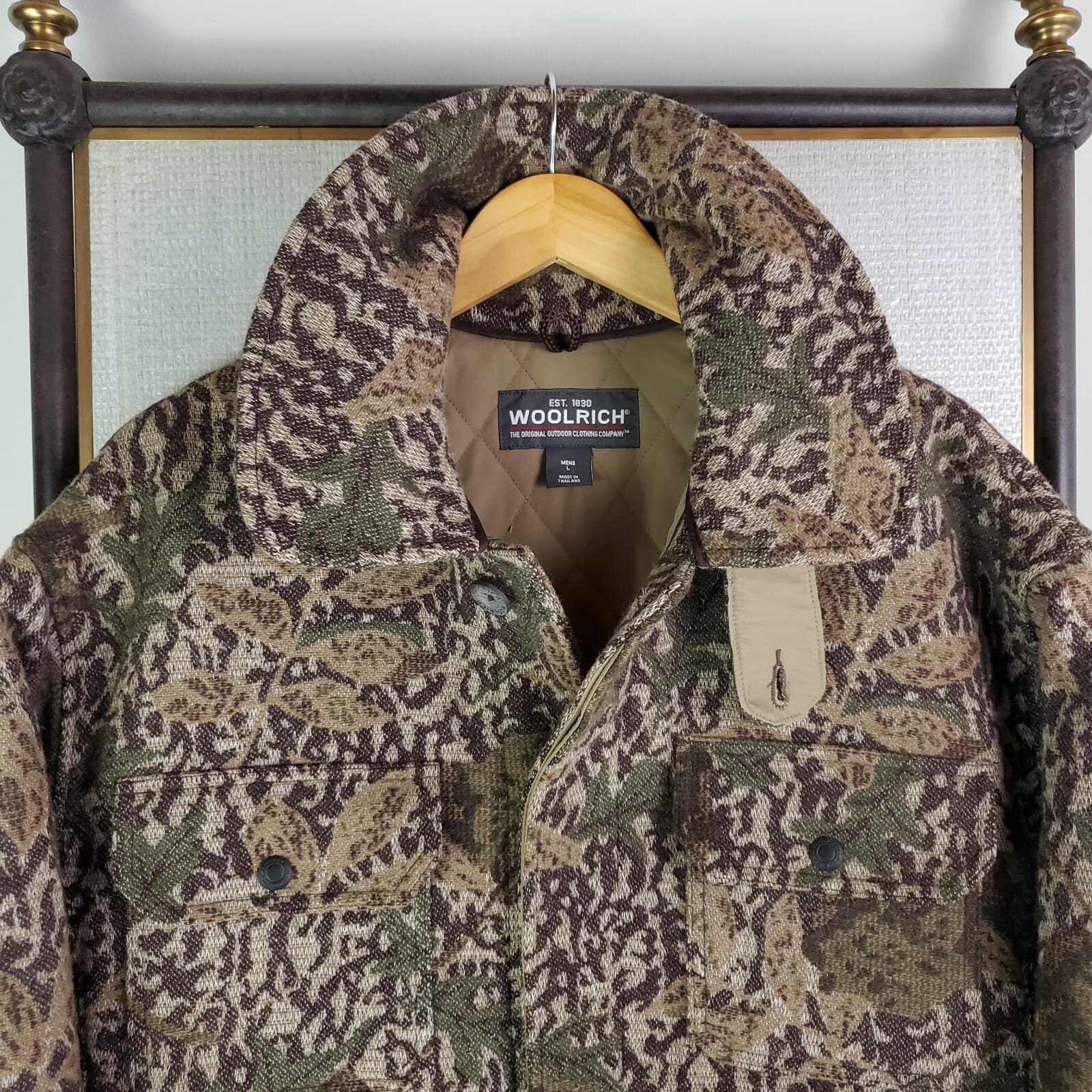 Rare WOOLRICH Size Large Mens Wool Camouflage Field Jacket Coat Button Front 3