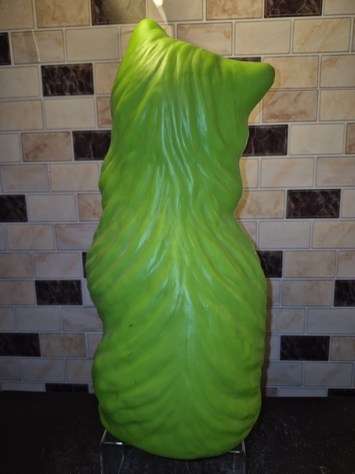 Vintage A.J. Renzi 16 Inch Cat Blow Mold Coin Money Bank Green With Pink Eyes 3