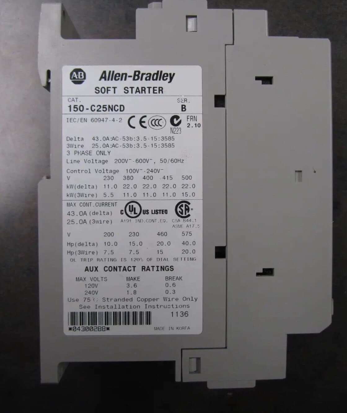 ALLEN-BRADLEY  150-C25NCD Soft Start 200-600 VAC 3 Phase Open Type 3
