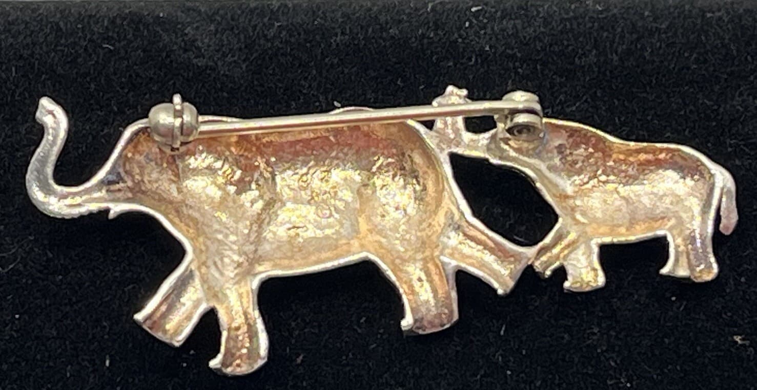 Sterling Elephant Mother & Baby Calf Brooch Lapel Pin 2-Tone Gold & Silver Color 3