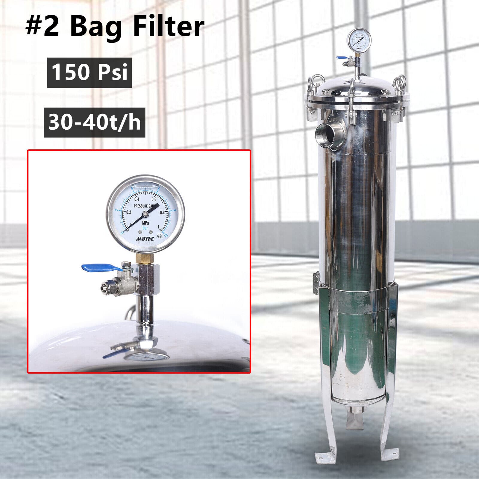 2" NPT Bag Filter Housing 150 Psi 304 Stainless Steel In/Out #2 Bag with mesh US 3
