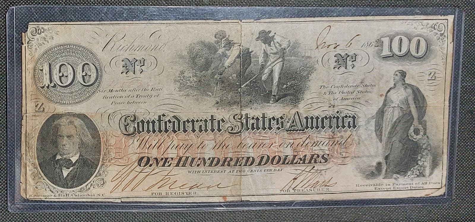 1862 T-41 Confederate States Of America Dollars $100 Bill CIVIL WAR Farm Slaves