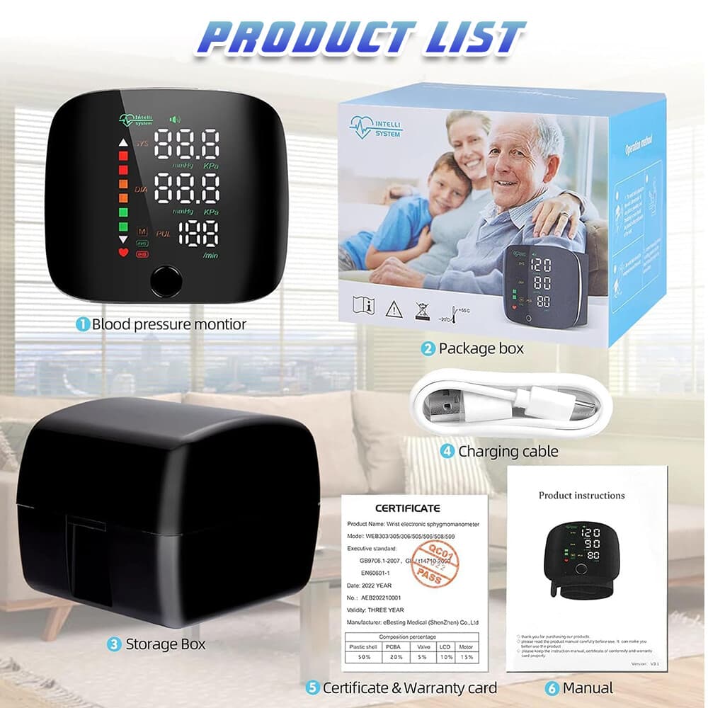 Wrist Blood Pressure Monitor Automatic Digital BP Cuff LED Heart Rate Machine US 4