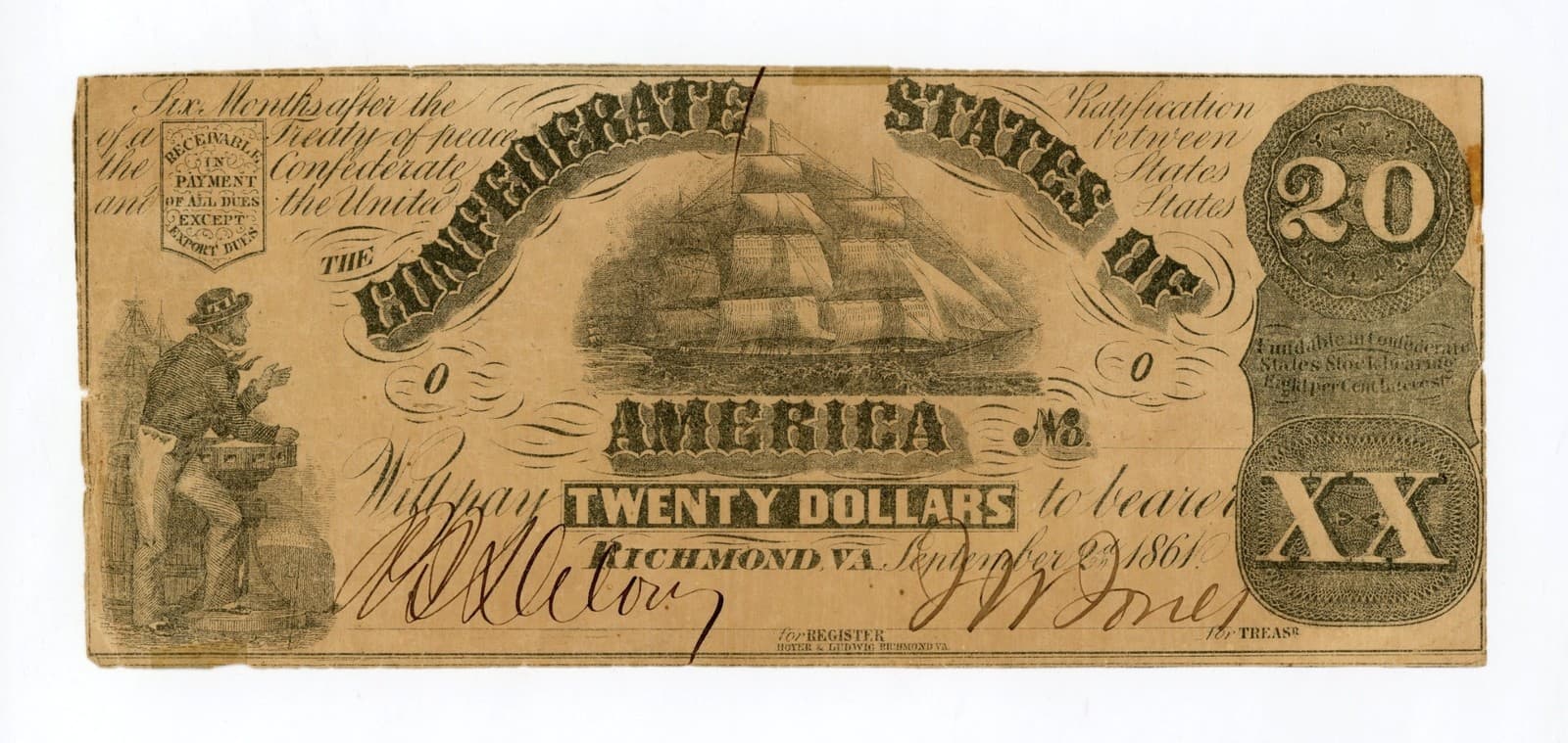 1861 T-18 $20 The Confederate States of America Note - CIVIL WAR Era