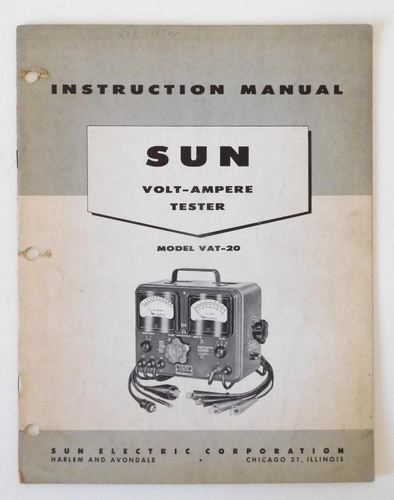 Original 1958 Instruction Manual SUN Electric Volt-Ampere Tester Model VAT-20