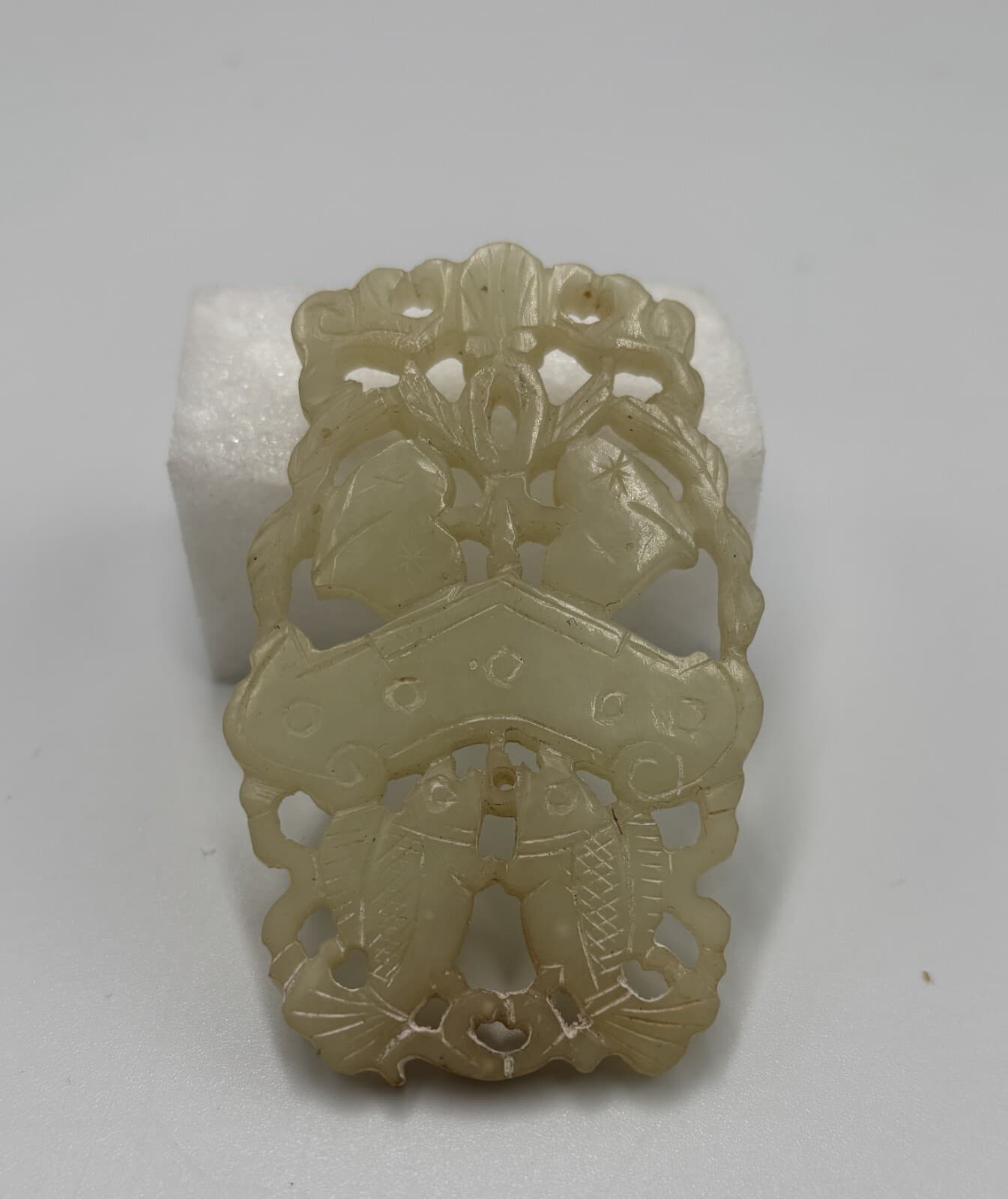 CHINESE QING DYNASTY CARVED JADE  PENDANT PLAQUE 2 SIDED FISH FINE ANTIQUE 5