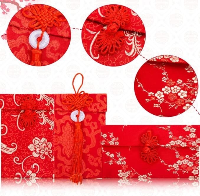 3 PACK! Chinese New Year Silk Red Cash Envelopes, Lucky Money Card Pocket 3