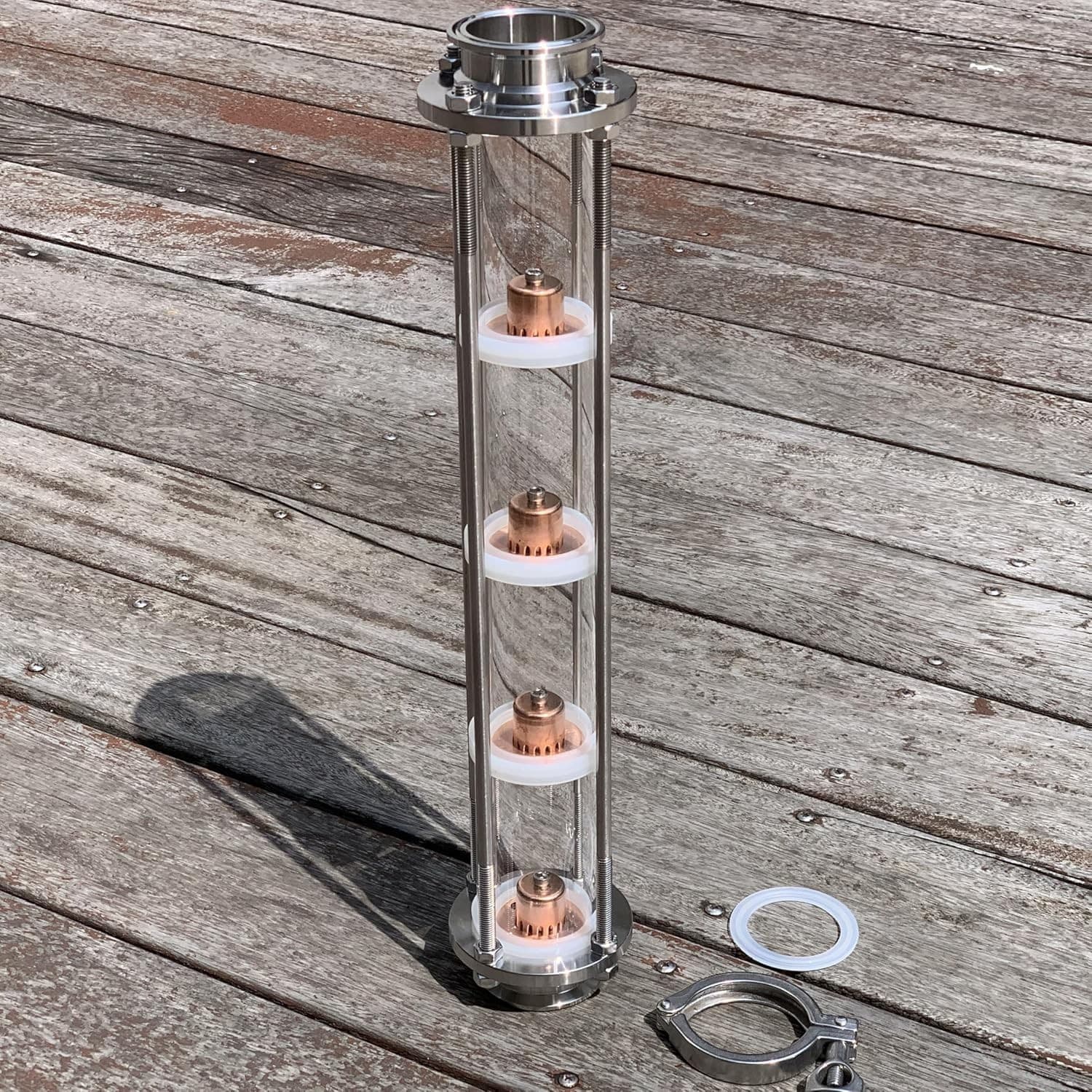 2" Tri Clamp, 4 Copper Plates, Glass Reflux Moonshine Still Column, Clamp to Keg 2