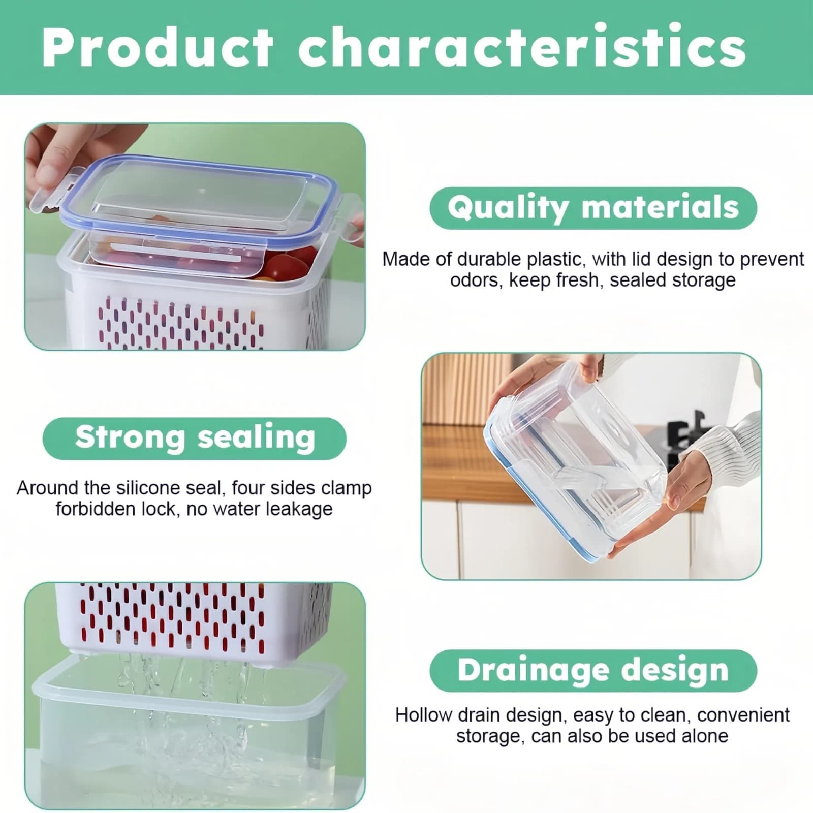 Fruit Storage Containers Set for Fridge Fresh Food with Removable Colanders 5