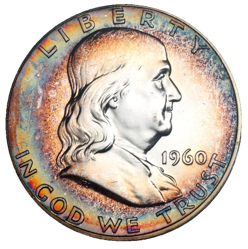 1960 Franklin Silver Half Dollar ANACS PF63 Album Toned Crescent Toning Rainbow