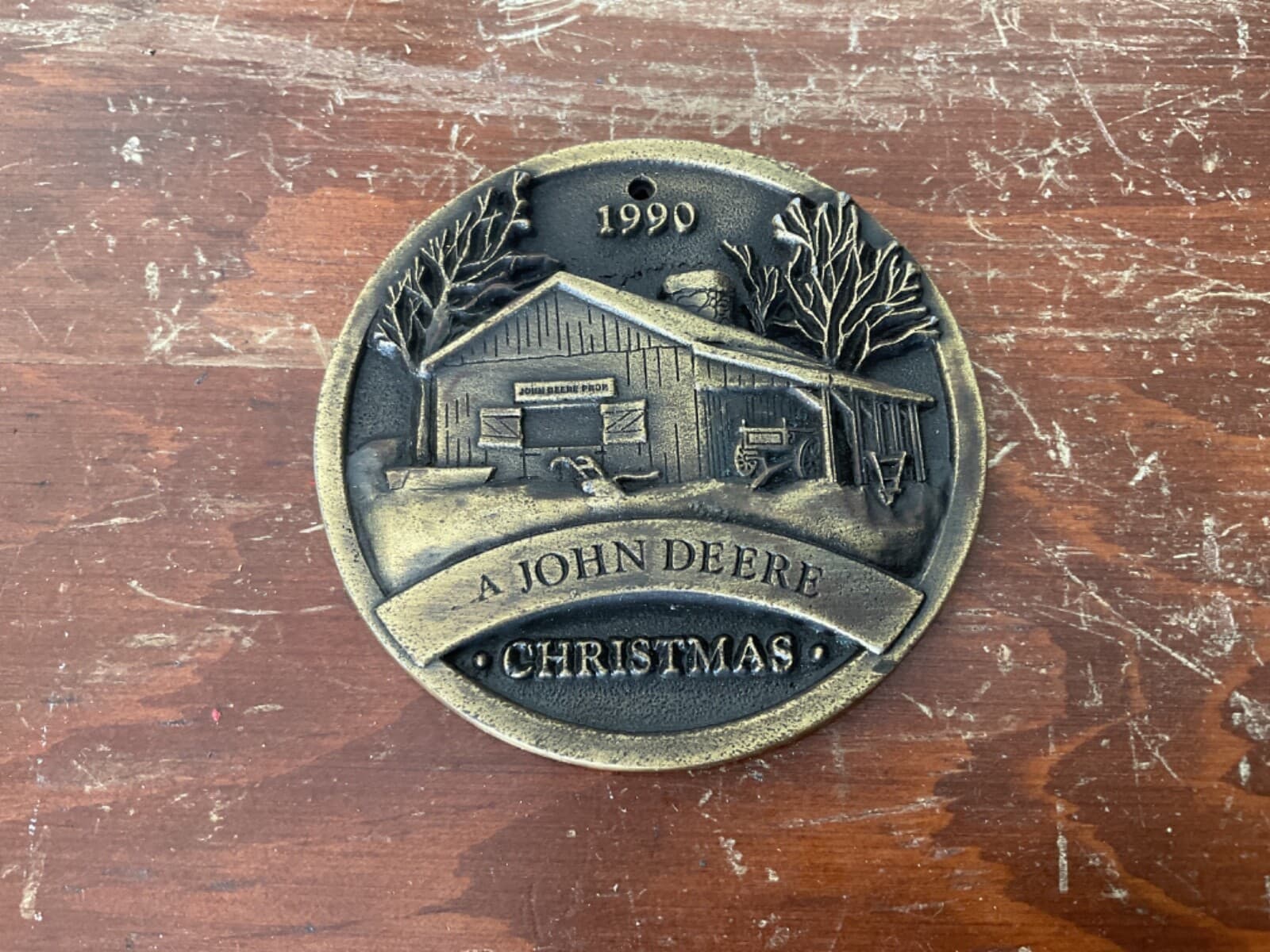 John Deere 1990 Antique Brass Christmas Ornament 2 1/2” Round