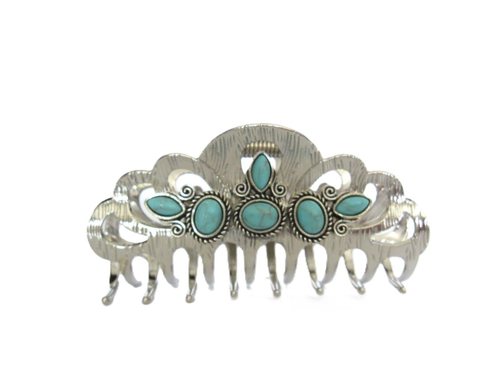 Hair claw clip turquoise blue stone textured silver metal western for thin hair 2