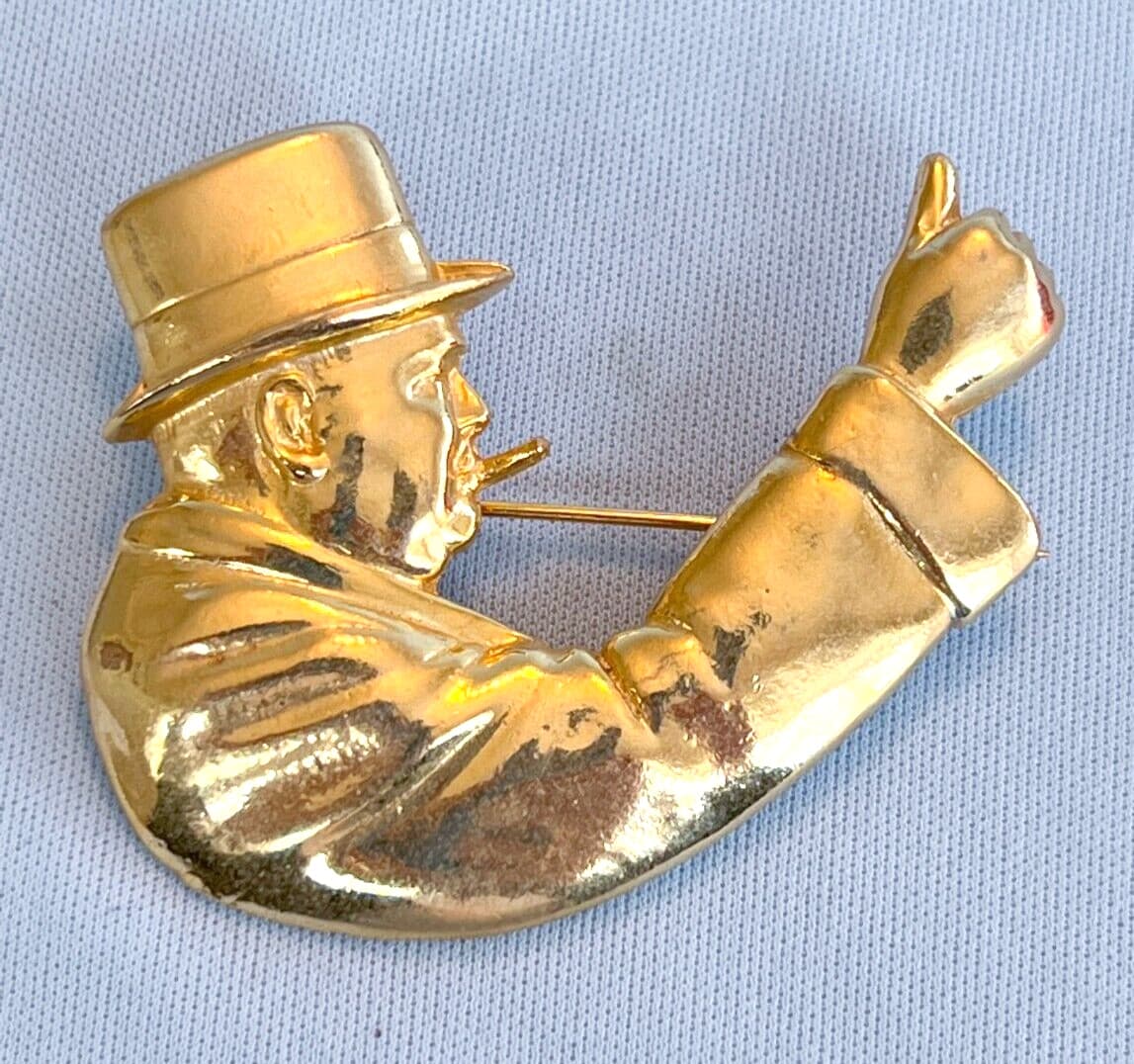 Rare Large 1960 Gold Plated Handmade Winston Churchill Pin by Polcini WWII