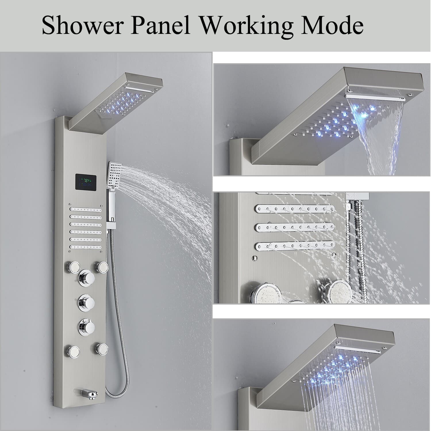 ELLO&ALLO Shower Panel Tower LED Rainfall Waterfall Massage System with Body Jet 3