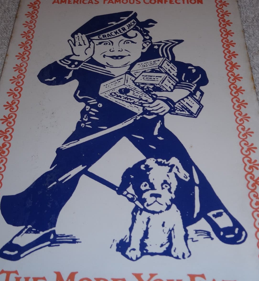 VINTAGE CRACKER JACK CANDY SAILOR & DOG  🐶  12" PORCELAIN METAL CONFECTION SIGN 3
