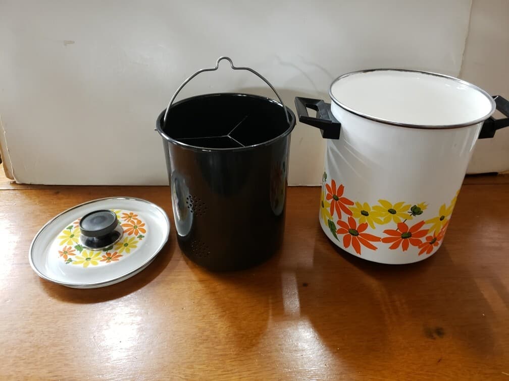 Vintage Ekco Country Garden Porcelain Clad Cookware 5 Qt Steamer Boiler Pot 6
