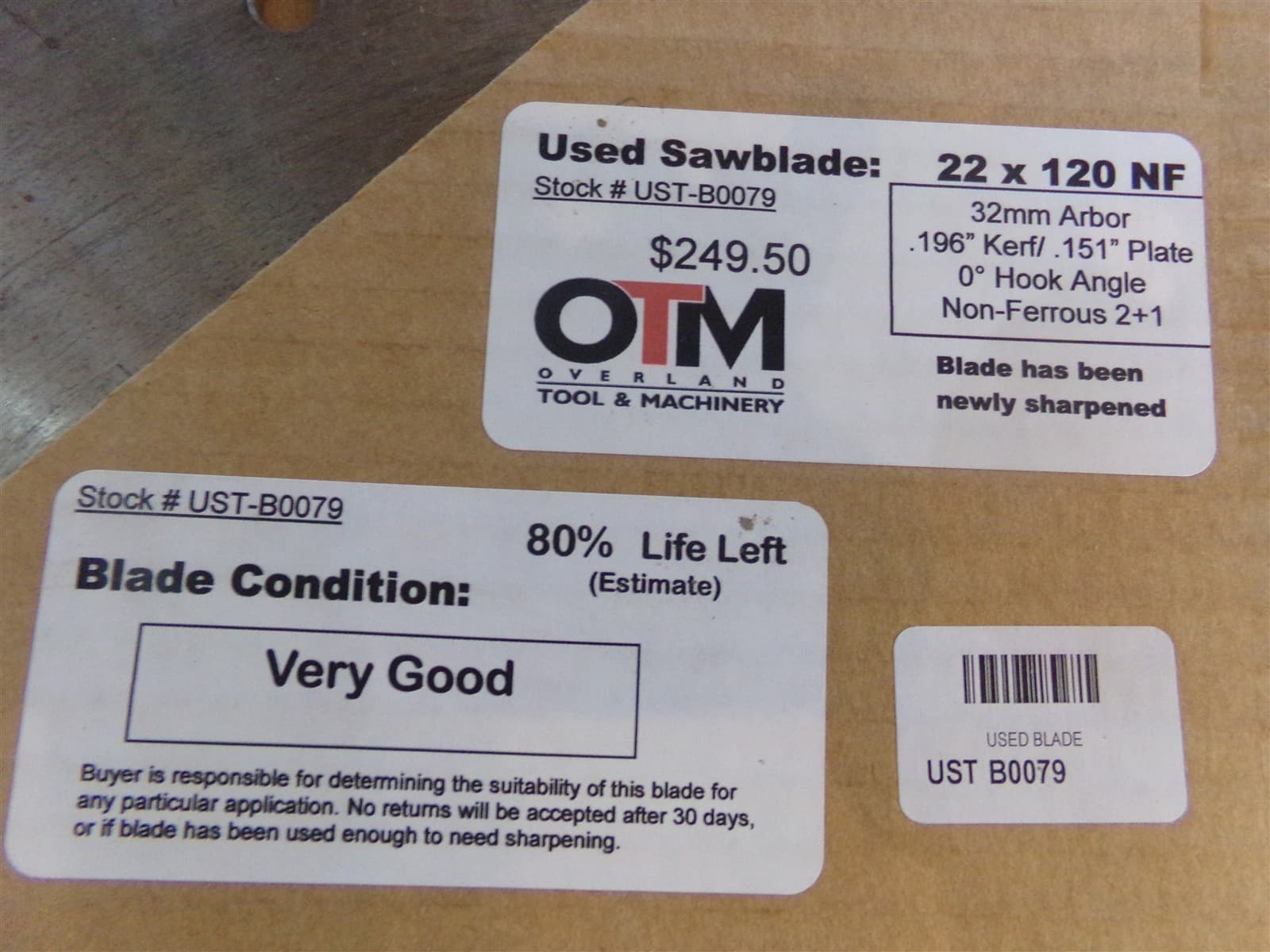 OTM 22" SAW BLADE 22x120 NF 32 MM ARBOR APPROX 80% LIFE LEFT UST-B0079 - USED 2