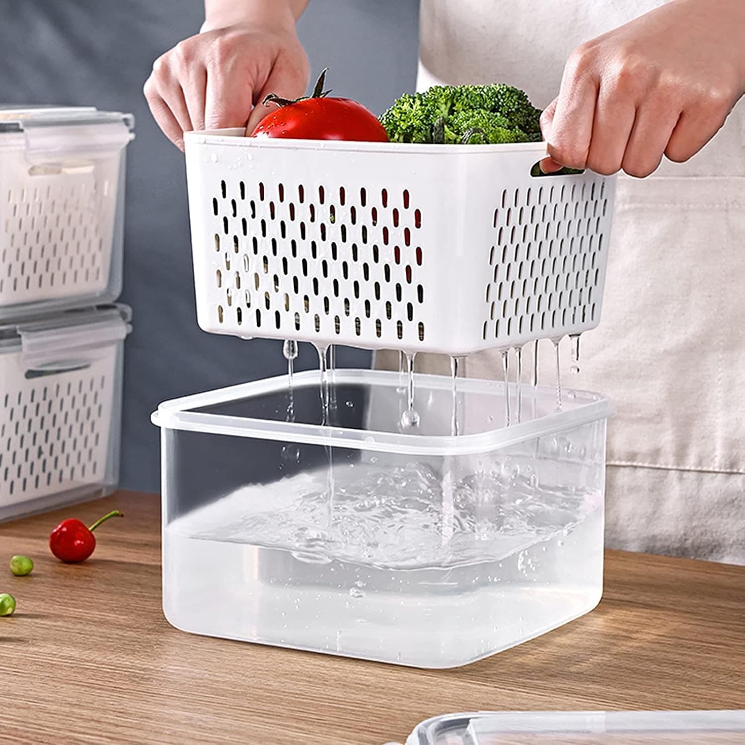 Fruit Storage Containers Set for Fridge Fresh Food with Removable Colanders 3