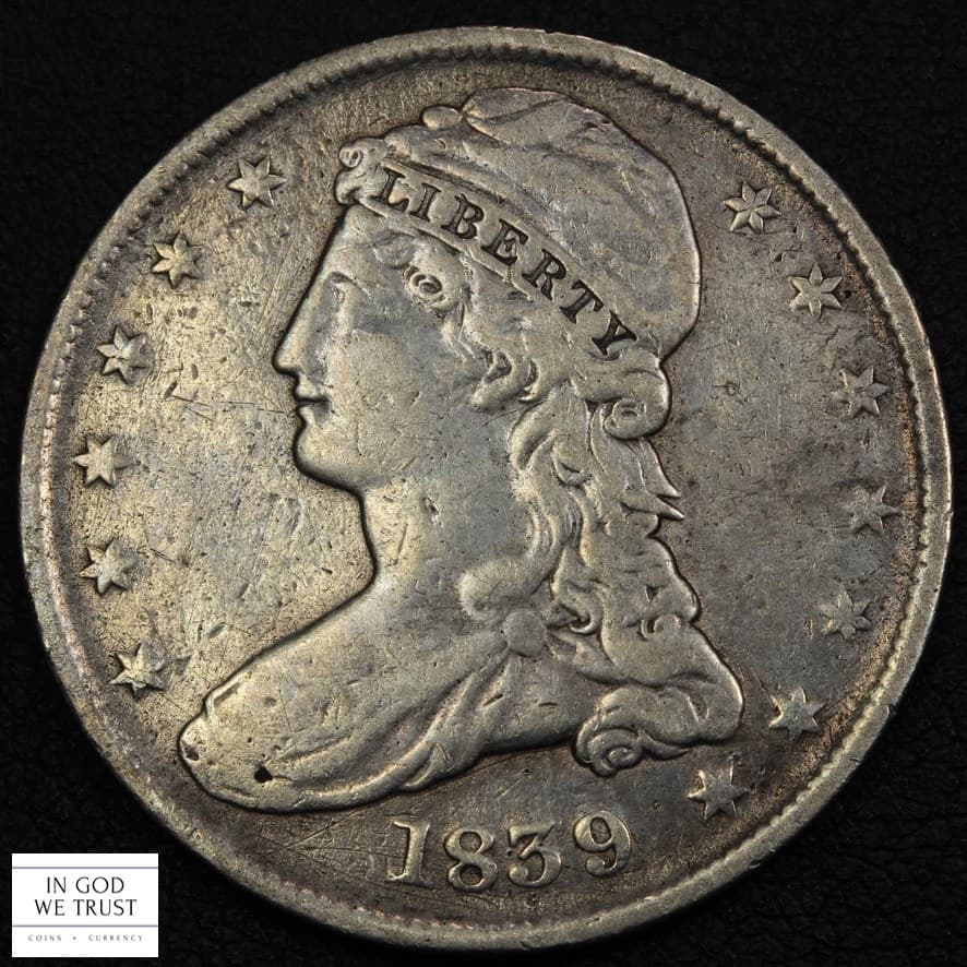 1839 Reeded Edge Capped Bust Silver Half Dollar 50C - Cleaned 2