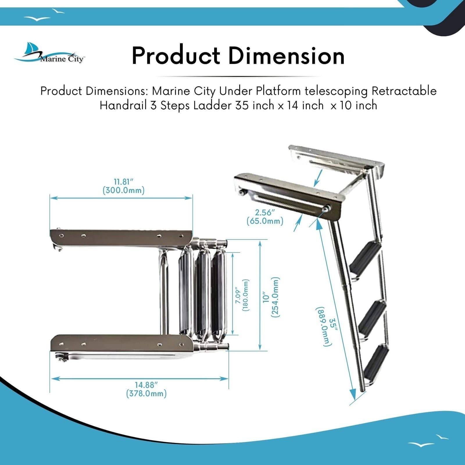 Marine City Stainless Steel Under Platform Telescoping Handrail 3 Steps Ladder 5