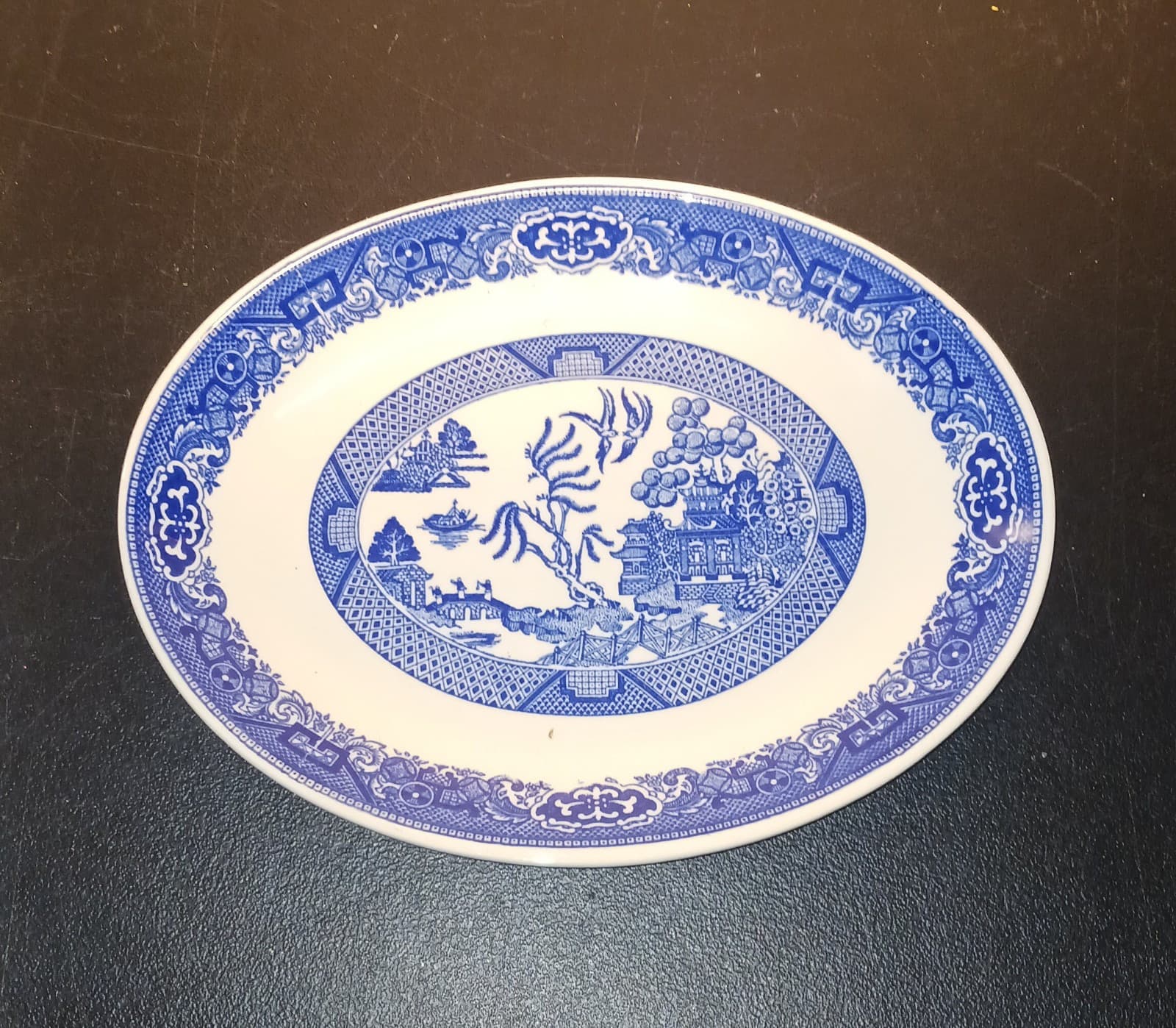 Vintage Blue Willow Serving Platter 11" x 8" Ironstone Plate Transferware 