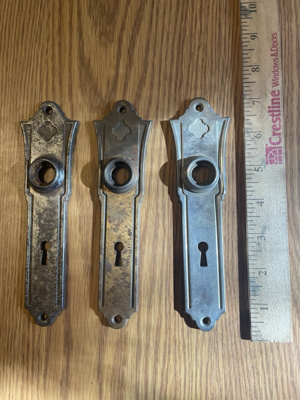3 Vintage  Art Deco Door Knob Back Plates with Keyhole - Stamped Steel 2