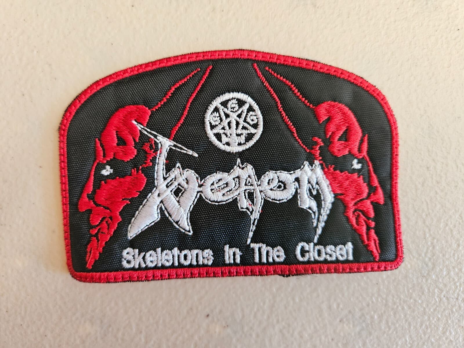 VENOM,SKELETONS IN THE CLOSET SEW ON WHITE,RED WITH RED BORDER EMBROIDERED PATCH