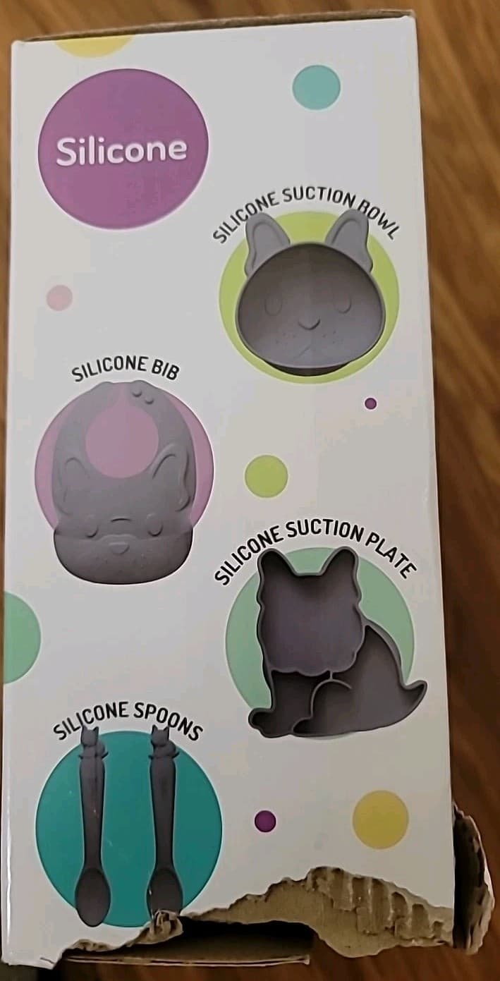 5 Piece Silicon Baby Feeding Set French Bulldog  Bowl Bib Plate 2 Spoons Torn Bx 4