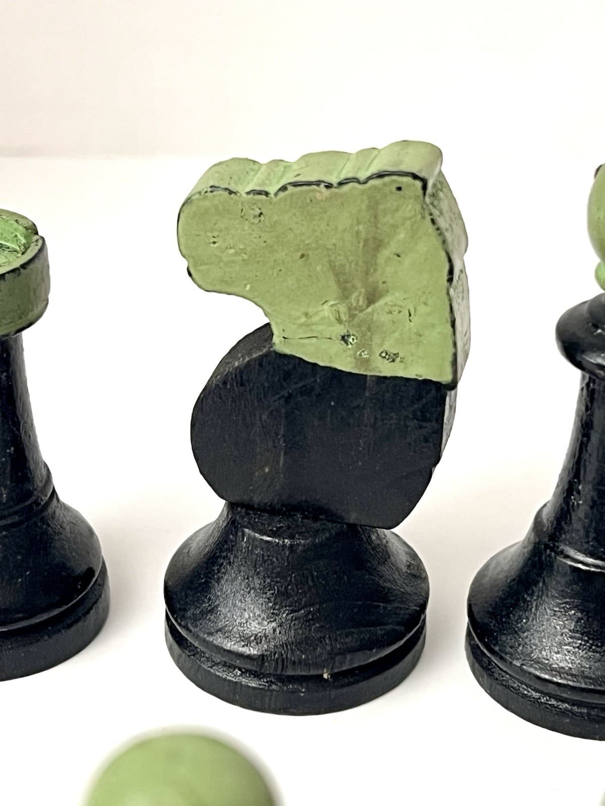 Lot 16 Vintage Wooden Chess Pieces Painted Black Green Wood Craft Art Supplies 6