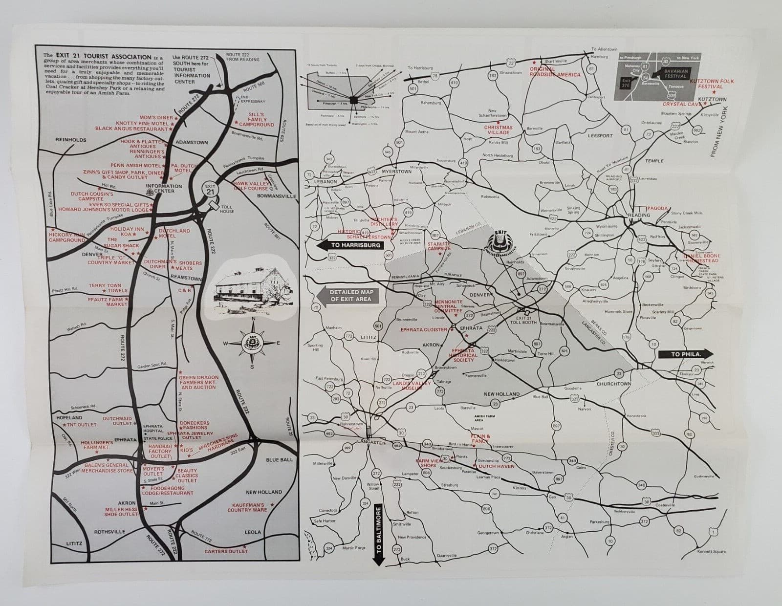 1960s Lancaster County PA Turnpike Exit 21 Tourist Dutch Vtg Travel Brochure Map 2