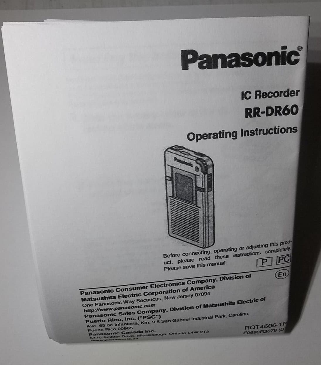 Panasonic RR-DR60 IC recorder operating instructions manual. 2