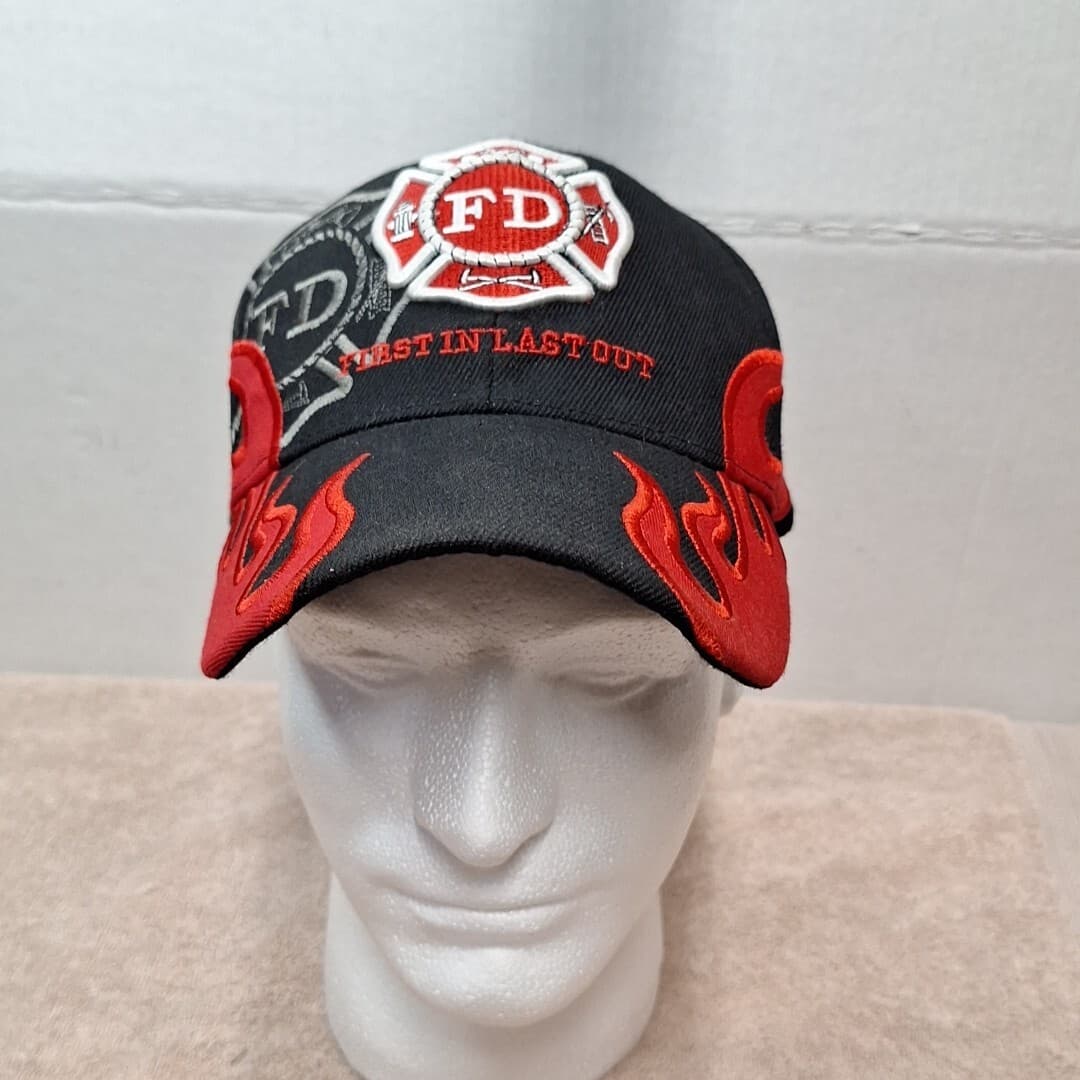 Vintage Fire Department Embroidered Black "First In Last Out" Flames Cap Hat