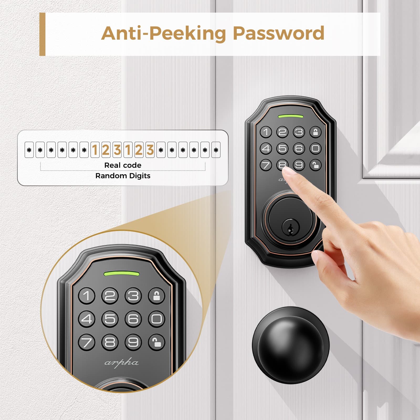 ARPHA Smart Keyless Door Lock Anti-Peeping Password Electronic Keypad Deadbolt 3