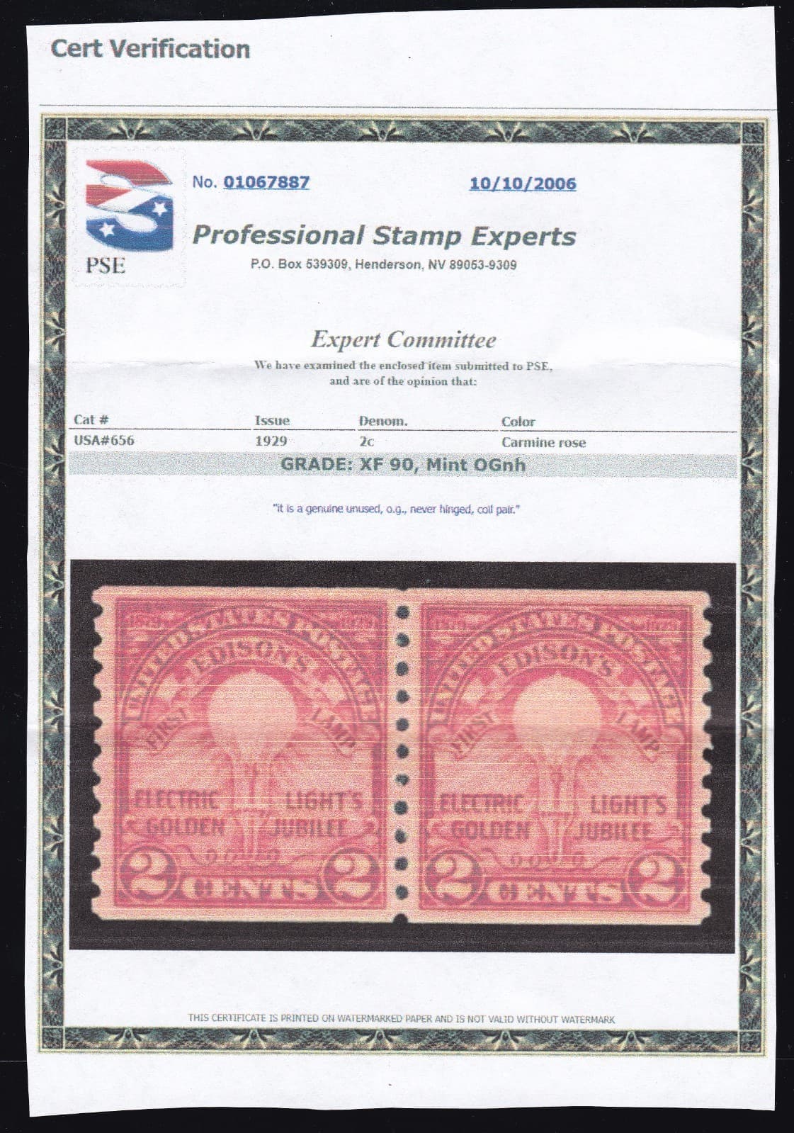 US 656 2c Edison Issue Mint Pair w/ copy of PSE Cert XF "90" OG NH (BB11) 3